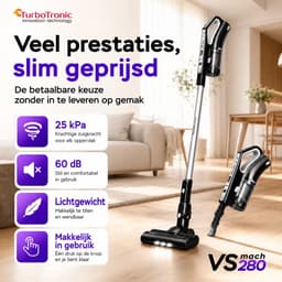 TurboTronic VS280 Cyclonic - 2-in-1 draadloze Steelstofzuiger met kruimeldief – hoge zuigkracht - 2 snelheden - 2200 mAH accu - 180W - extra accessoires - Zwart — thumbnail 2