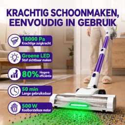 Steelstofzuiger Draadloos 500W - 18.000 Pa - 2-in-1 Kruimeldief - Groene LED - HEPA-filter - Zonder Zak - Wit/Paars — thumbnail 3