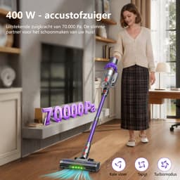 Vovtenza Steelstofzuiger Draadloos – Stofzuiger Zonder Zak – 70.000 Pa – Draadloze Stofzuiger – Krachtig - Kruimeldief – Dierenharen – LED Zuigmond – Lichtgewicht – Premium Paars — thumbnail 4