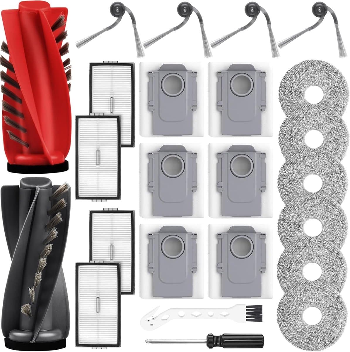 24 stuks accessoires gescht voor Roborock Saros 10R / Qrevo CurvX robotstofzuiger, 2 hoofdborstels, 6 stofzakken, 6 dweilpads, 4 HEPA-filters, 4 zijborstels, 1 reinigingsborstel, 1 schroevendraaier — afbeelding 1