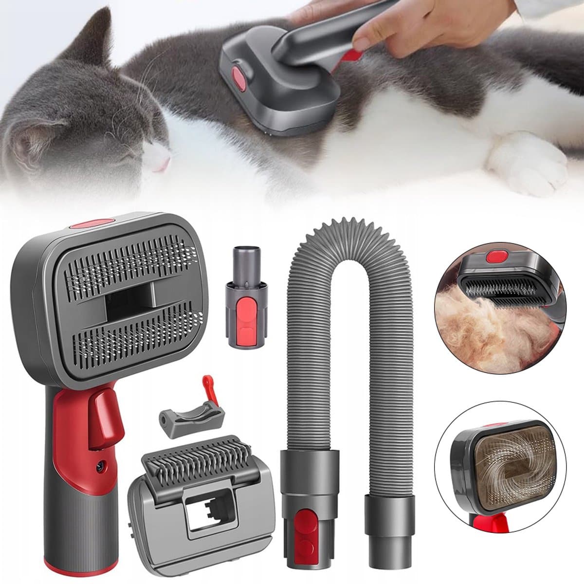2-in-1 huisdierborstelset voor Dyson V7/V8/V10/V11/V15 – Huisdierborstelset – Voor katten en honden – Huisdierverzorging – Zelfreinigend en zacht – Grijs-rood — afbeelding 1