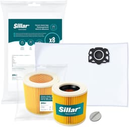Sillar Stofzuigerzakken synthetisch, 8 stuks + 1x stofzuigerfilter versterkt met gaas - met bevestigingsplug - set voor stofzuigers - compatibel met Karcher WD1 WD2 WD3 WD3.200 KWD1 KWD2 KWD3 SE4 SE4001 SE4002 - vervangers — thumbnail 4