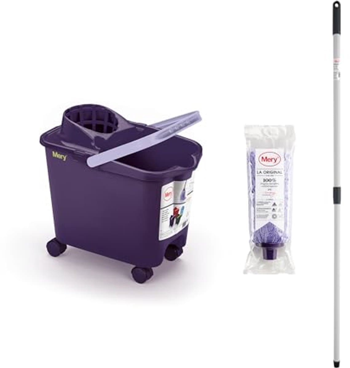 Emmer met Mop en Steel - Zeer Absorberende Microvezelmop met Telescoopstang en Wieltjes - 14 Liter Afdruipemmer in Paars — afbeelding 1