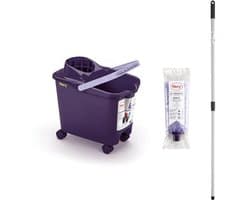 Emmer met Mop en Steel - Zeer Absorberende Microvezelmop met Telescoopstang en Wieltjes - 14 Liter Afdruipemmer in Paars
