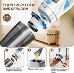 Handstofzuiger - Wit - Draadloos - Met HEPA-filter en 45 min. Looptijd - Voor Keuken, Auto en Dierenhaar — thumbnail 5