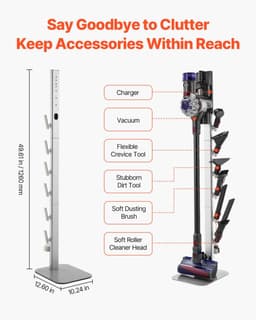 Steelstofzuiger Standaard - Vloerstandaard - 126 cm Hoog - 6 Haken - Antislip Voetjes - Compatibel met G5/V15/V12/V11/V10/V8/V7/V6 - Zilver — thumbnail 5