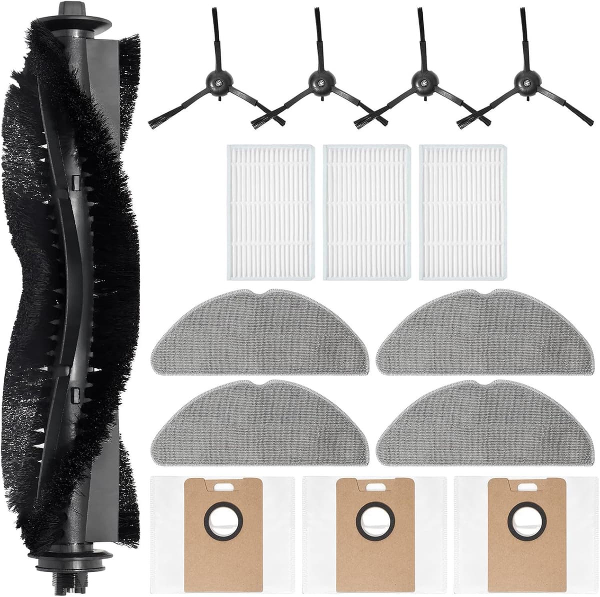 15 stuks - Accessoire-vervanging geschikt voor Tapo RV20 Max Plus/Tapo RV20 Max/Tapo RV30 Max Plus/Tapo RV30 Max stofzuiger - reserveonderdeel, 1 hoofdborstel, 4 reinigingsdoeken, 3 stofzakken, 4 zijborstels, 3 HEPA-Filters — afbeelding 1