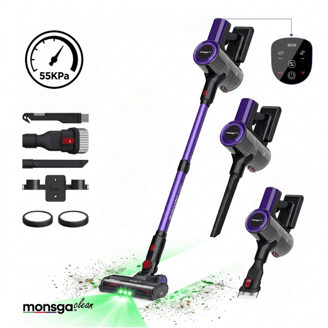 monsga M100 Paarse draadloze stofzuiger, 55000 Pa 45 min stofzuigers voor thuis, Touch display, Groen licht onthult stof, Anti-klit staande stofzuiger zelfstaand, Stofzuiger draadloos oplaadbaar voor huisdierenhaar/tapijt