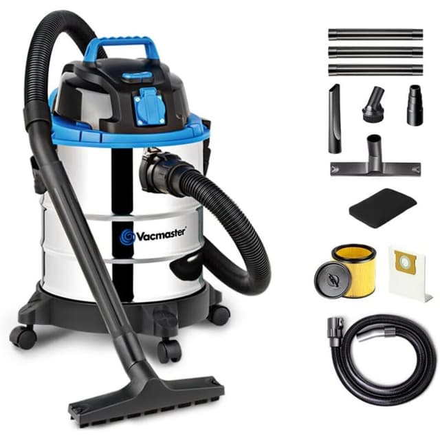 Vacmaster VQ1220SC 3-in-1 Nat- en Droogzuiger met Blaasfunctie en Stopcontact voor Elektrisch Gereedschap, 1250 W, 18 kPa, 20 L RVS Tank, voor Werkplaats, Garage en Auto