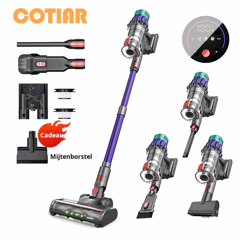 COTIAR V22 draadloze steelstofzuiger, 650 W, 55 kPa zuigkracht, borstelloze ontwerping, 1,2 l capaciteit, LED-display, voor vloeren, tapijt en dierharen, paars — afbeelding 1