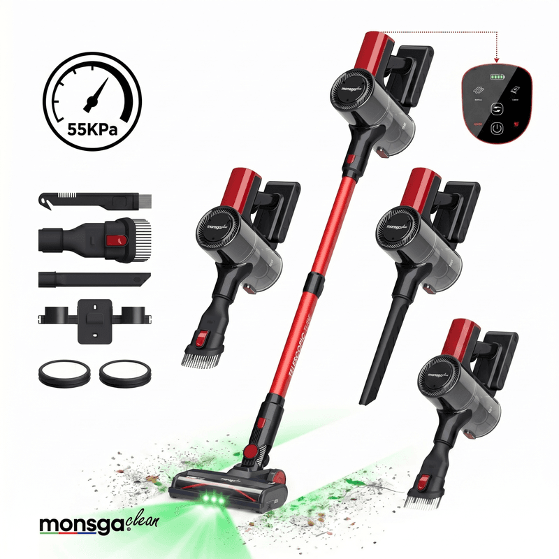 monsga M100 rode draadloze steelstofzuiger, 55000 Pa, 45 min, stofzuiger voor thuis, aanraakdisplay, groen licht onthult stof, anti-klit zelfstaande steelstofzuiger, oplaadbare draadloze stofzuiger voor huisdierhaar/tapijt, 60 cm l x 35 cm b x 43 cm h, 1 — afbeelding 1