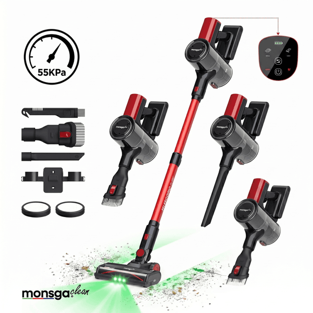 monsga M100 rode draadloze steelstofzuiger, 55000 Pa, 45 min, stofzuiger voor thuis, aanraakdisplay, groen licht onthult stof, anti-klit zelfstaande steelstofzuiger, oplaadbare draadloze stofzuiger voor huisdierhaar/tapijt, 60 cm l x 35 cm b x 43 cm h, 1