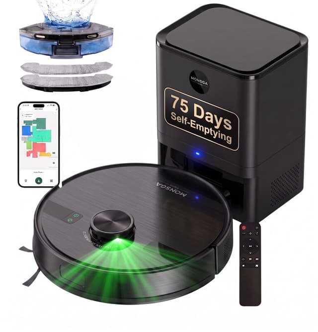 MONSGA MS1 robotstofzuiger met dweilfunctie, 9000 Pa zuigkracht met 4,0 L zelflegend station, robotstofzuiger met LiDAR-navigatie, 180 minuten gebruiksduur, app-/afstandsbediening/-spraakbesturing, voor harde vloeren en tapijten