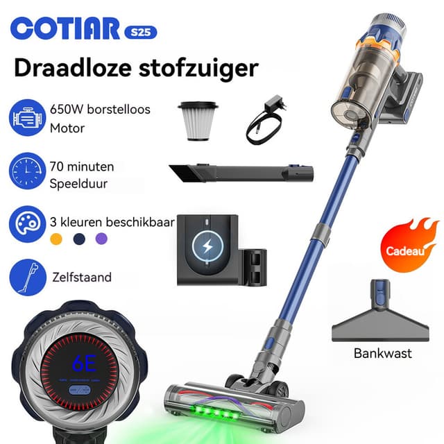 COTIAR S25 draadloze steelstofzuiger, 650 W, 60 kPa, sterke zuigkracht, 70 min werktijd, handstofzuiger, draagbaar, uitneembare accu, blauw