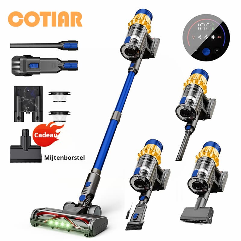 COTIAR V22 draadloze stofzuiger, 650 W, 55 kPa zuigkracht, borstelloos, 1,2 L inhoud, LED-display, voor vloeren, tapijten en dierenharen, blauw — afbeelding 1