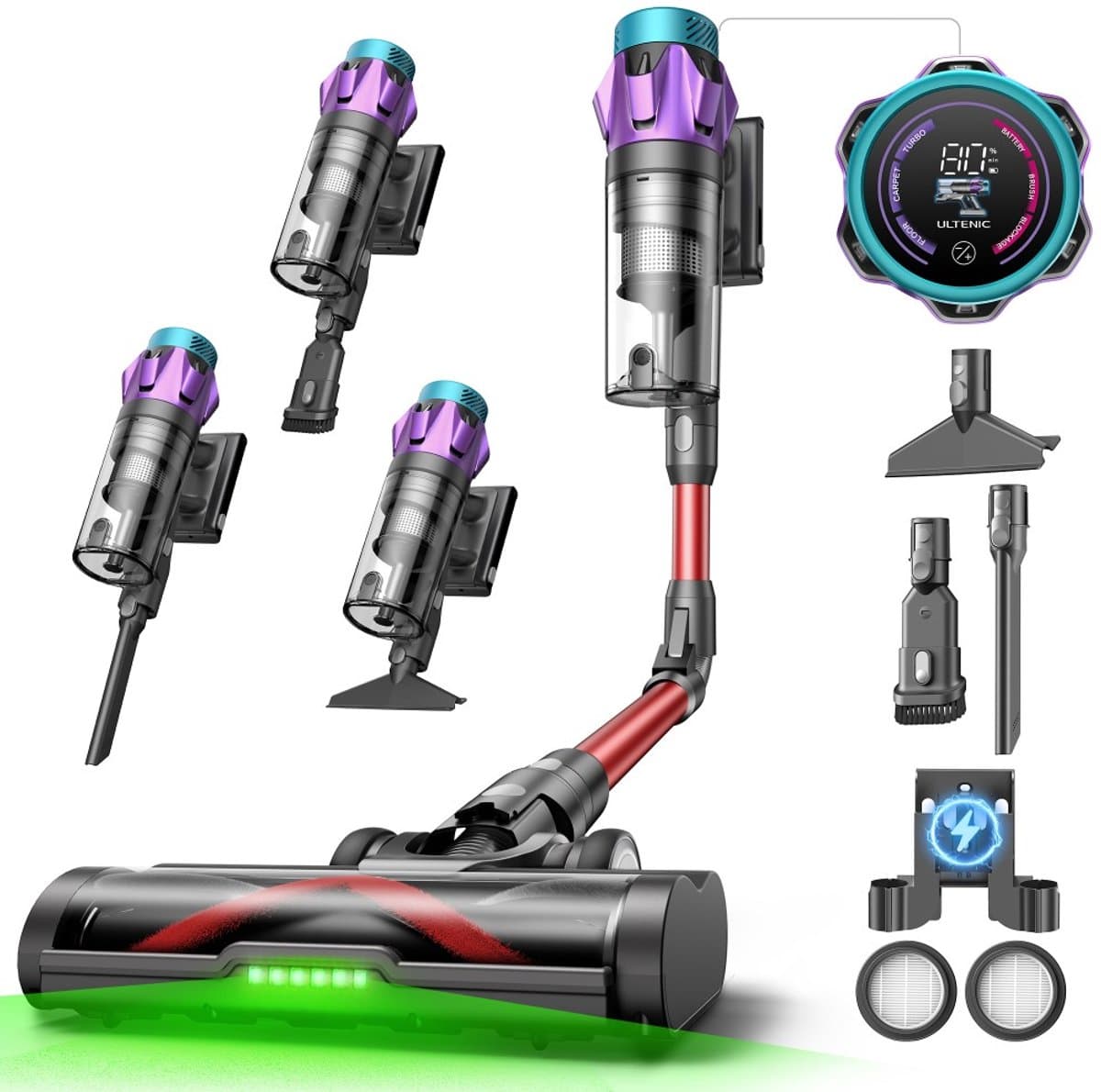 Ultenic U18 Power Pro draadloze stofzuiger, krachtige zuigkracht van 55 kPa, 600W motor, tot 80 minuten gebruiksduur, anti-klitborstel, slim led-display, 6-laags filter, oplaadstation voor wandmontage, geschikt voor dierenharen en harde vloeren. — afbeelding 1