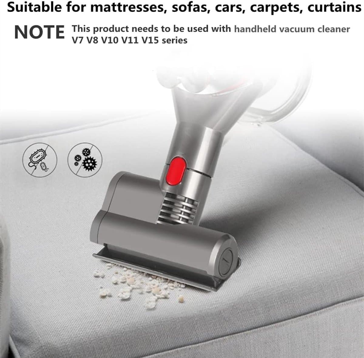 Geschikt voor Dyson V7 V8 V10 V11 V15 Vervangende Onderdelen, Mini Power Tool Motorkopborstel, Matrasborstel voor Bedden, Banken, Auto's, Tapijten en Gordijnen (Harde Nylon Borstel) — afbeelding 1