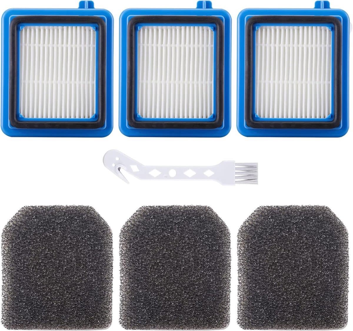 6-delige filterset — geschikt voor AEG QX6-, QX7-, QX8-2- en FX9-series — Vervangingsmodel: ASKW1 — Bevat 3 filters en 3 schuiminzetstukken — Wasbaar en duurzaam — Inclusief reinigingsborstel — afbeelding 1