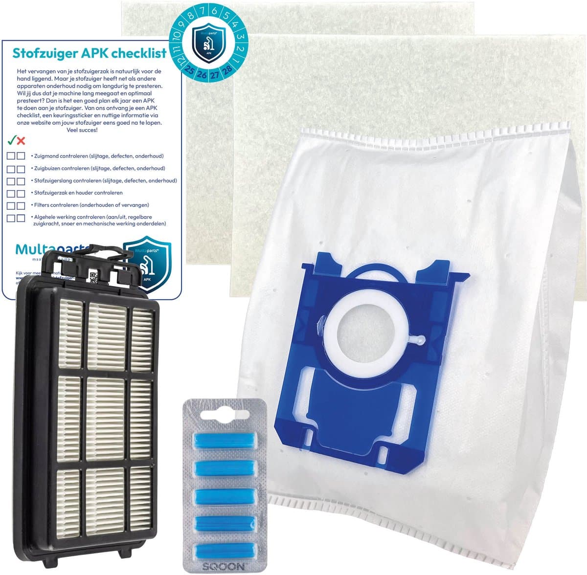Multaparts® stofzuiger-APK set geschikt voor AEG AB31 / AB51 / VX4 | Complete onderhoudsset met stofzuigerzakken type S-BAG (10 x), motorfilter (2 x), HEPA filter, geursticks (5 x) APK-checklist & APK-sticker | Maak je stofzuiger weer als nieuw — afbeelding 1