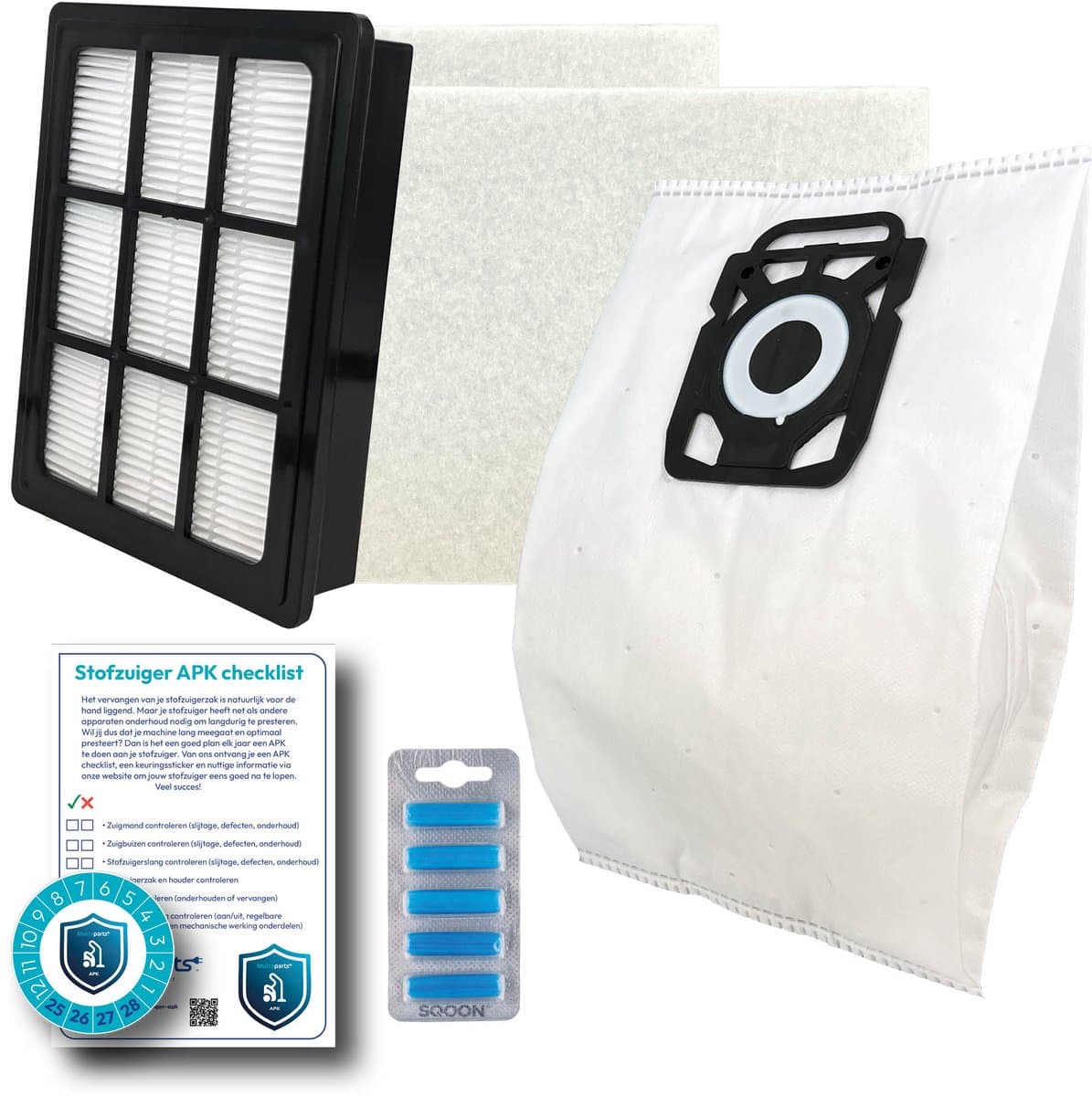Multaparts® stofzuiger-APK set geschikt voor Nilfisk Elite serie | Complete onderhoudsset met stofzuigerzakken (10 x), motorfilter (2 x), HEPA filter, geursticks (5 x), APK-checklist & APK-sticker | Maak je stofzuiger weer als nieuw — afbeelding 1