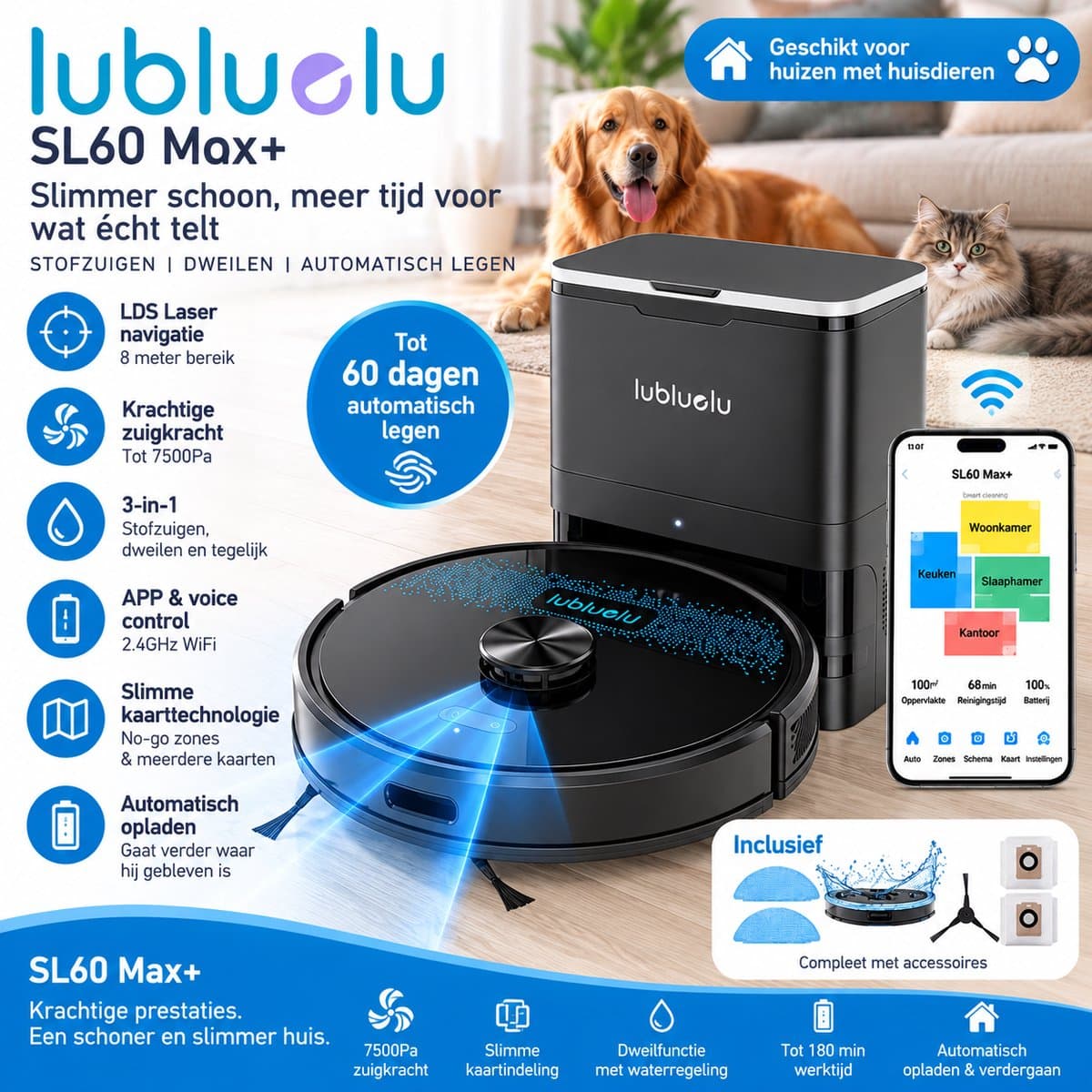 Lubluelu SL60 Max+ Robotstofzuiger met Dweilfunctie – 7500Pa – LDS Lasernavigatie – Automatisch Legen – App & Spraakbediening — afbeelding 1