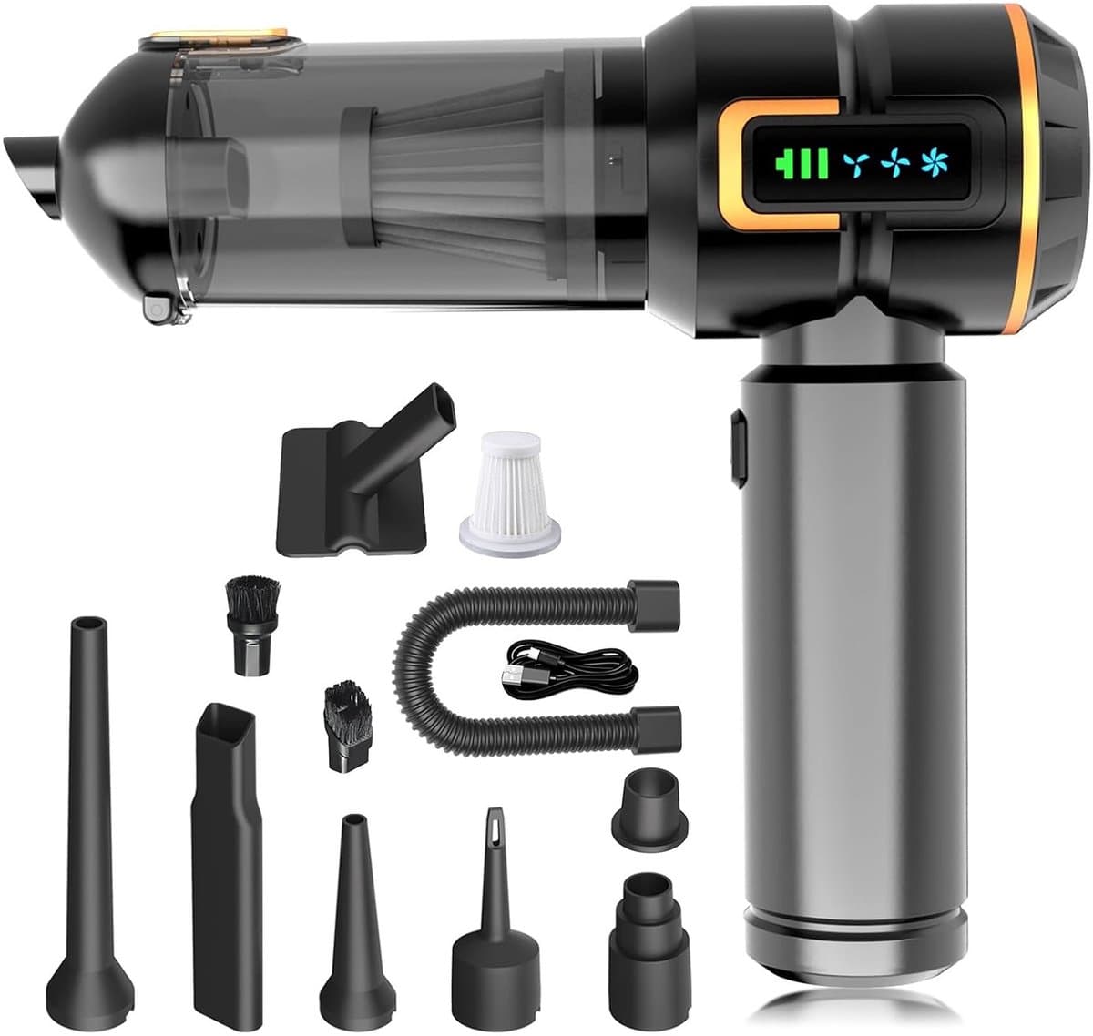 Wishdor Handstofzuiger auto 16000Pa - Draadloze kruimeldief met blaas- en zuigfunctie - Met 9 opzetstukken en LED display - Voor auto en thuis - Zwart goud - 21,4 x 4,8 x 20 cm — afbeelding 1