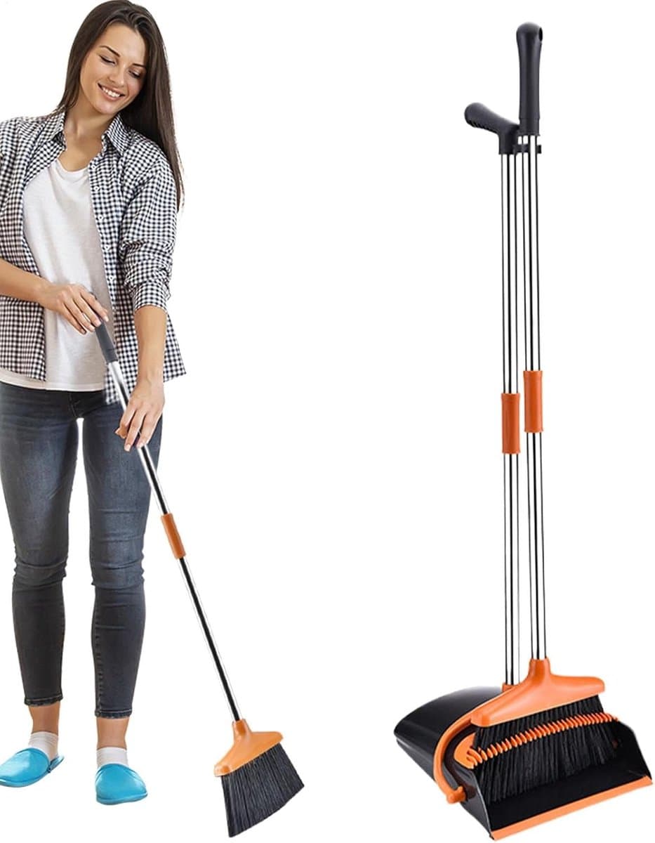Bezem en Stoffer - Reinigingsset - Compact Schoonmaken - Opvouwbaar Ontwerp - 26 x 26 x 8.5 cm - Oranje — afbeelding 1