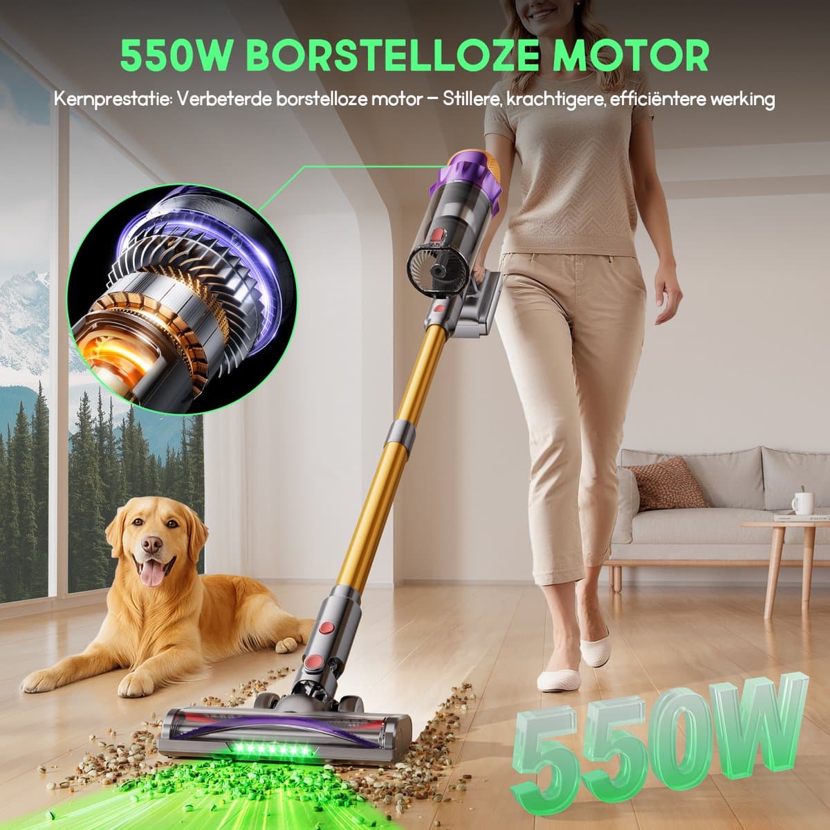 Hiazurm steelstofzuiger - 9-in-1 steelstofzuiger draadloos - 75000pa - Met dierenborstel - LED Groene Stofdetectielamp - Geschikt voor Tapijten - Harde Vloeren en Dierenharen - 2-liter stofopvangbox - Goudkleurig — afbeelding 1