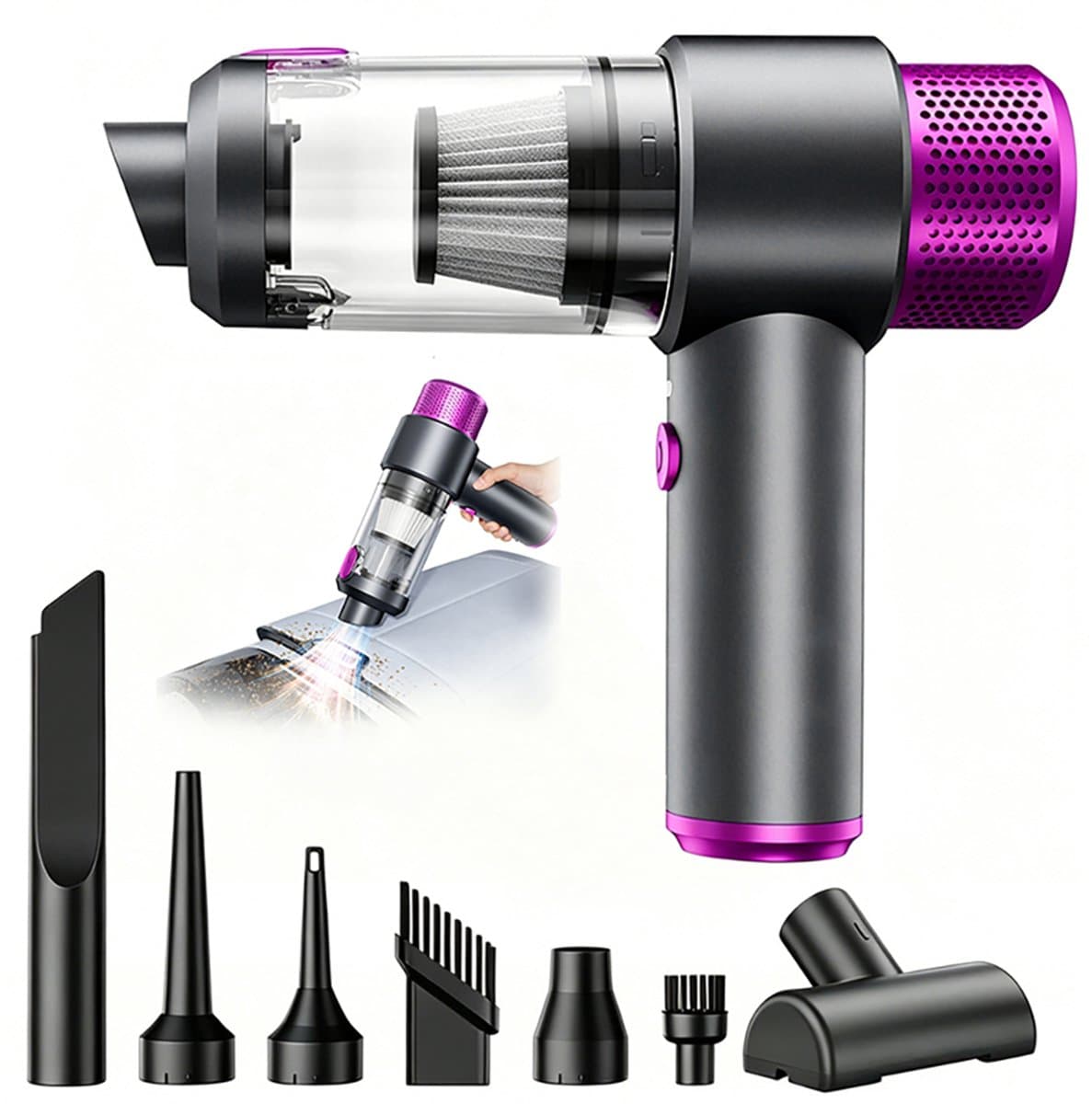 Draadloze handstofzuiger – Autostofzuiger – Handblazer – Mini-huisstofzuiger – Draagbaar – Inclusief 1 filterpatroon – 135W superzuigkracht – USB-interface – 6500PA – Premium grijs + rozerood — afbeelding 1