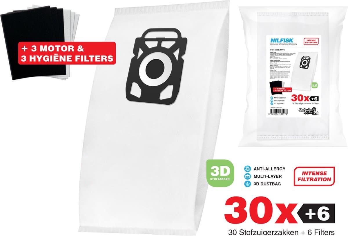 30x Nilfisk Stofzuigerzakken King / Extreme - 3D stofzakken + Filter set - 3x Hygiëne en 3x Motor filters meegeleverd! Premium kwaliteit - Multi lagen - Anti Allergie -Geschikt voor o.a. King, Extreme, Power en Elite Series — afbeelding 1