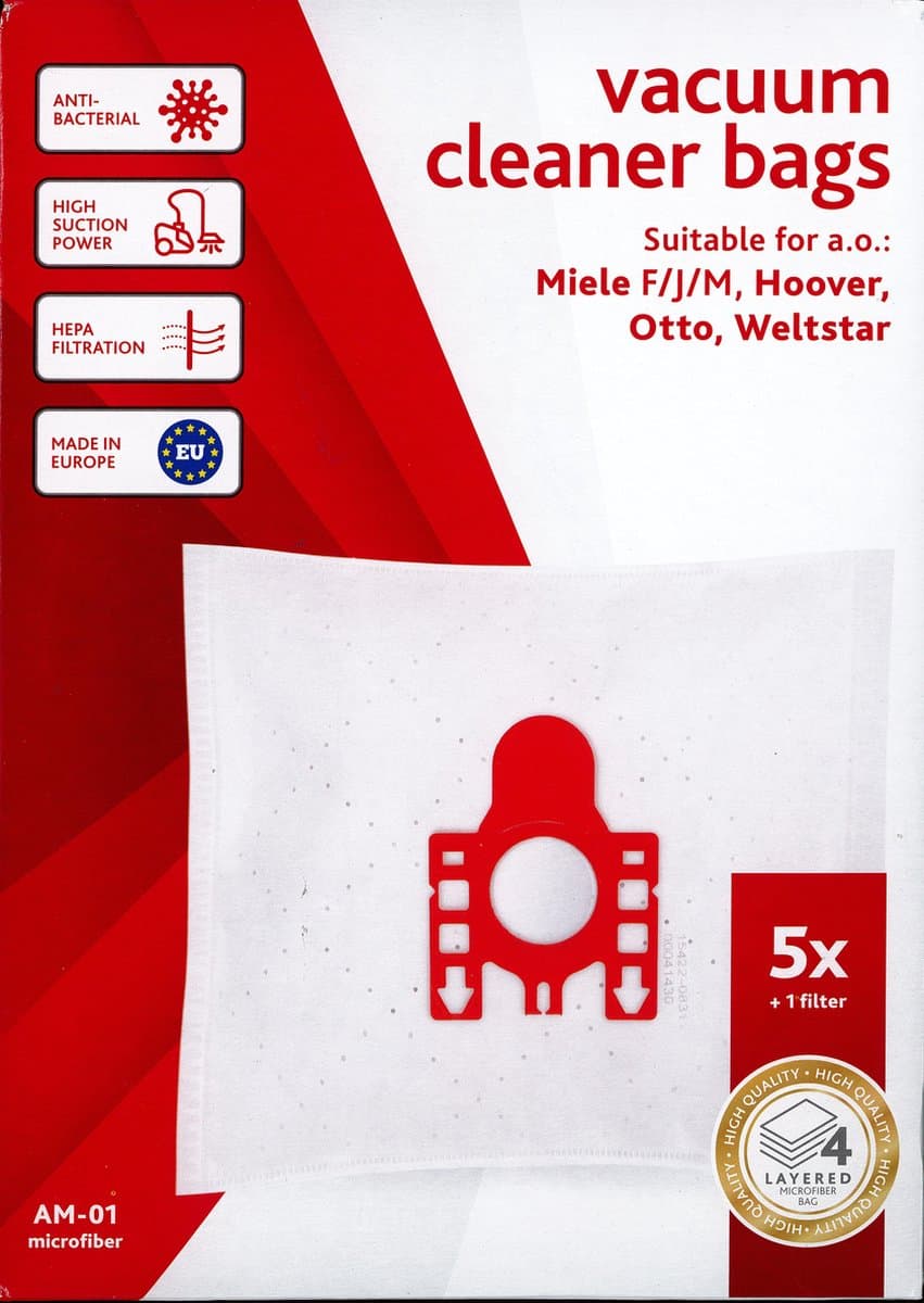 Vacustock - AM-01 - stofzuigerzakken geschikt voor o.a Miele F/J/M, Hoover, Otto, Weltstar. Doos 5 zakken en 1 filter — afbeelding 1