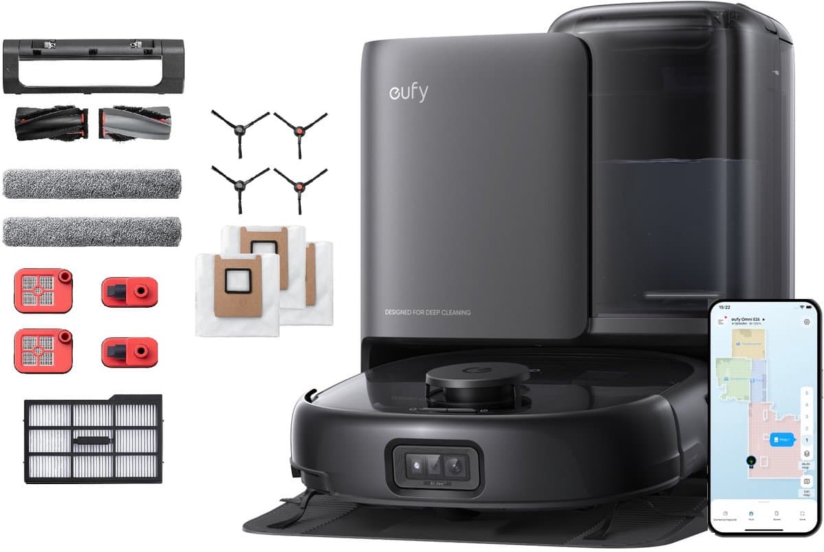 eufy Omni E25 - Robotstofzuiger met Vervangingssets - HydroJet dweilsysteem - 20.000 Pa zuigkracht - DuoSpiral borstels die ontklitten - CornerRover arm voor het schoonmaken van hoeken - alles-in-één station — afbeelding 1