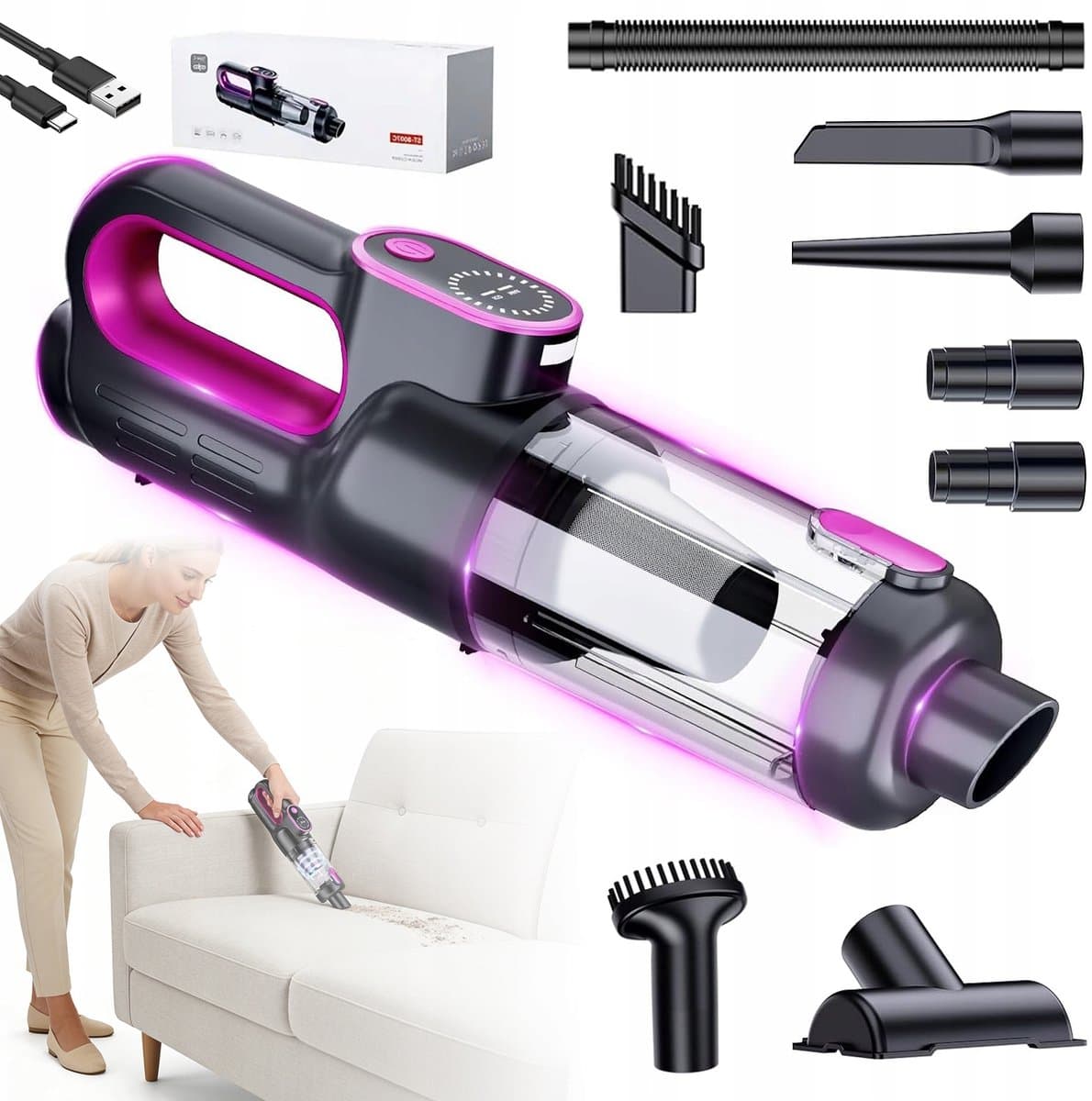 Kruimelzuiger - Stofzuiger - Draadloze Handstofzuiger - Instelbare stand op twee niveaus + LED-verlichting - Lange batterijduur - Met 6 Accessoires - Voor Auto, Huis & Kantoor - Krachtig & Compact — afbeelding 1