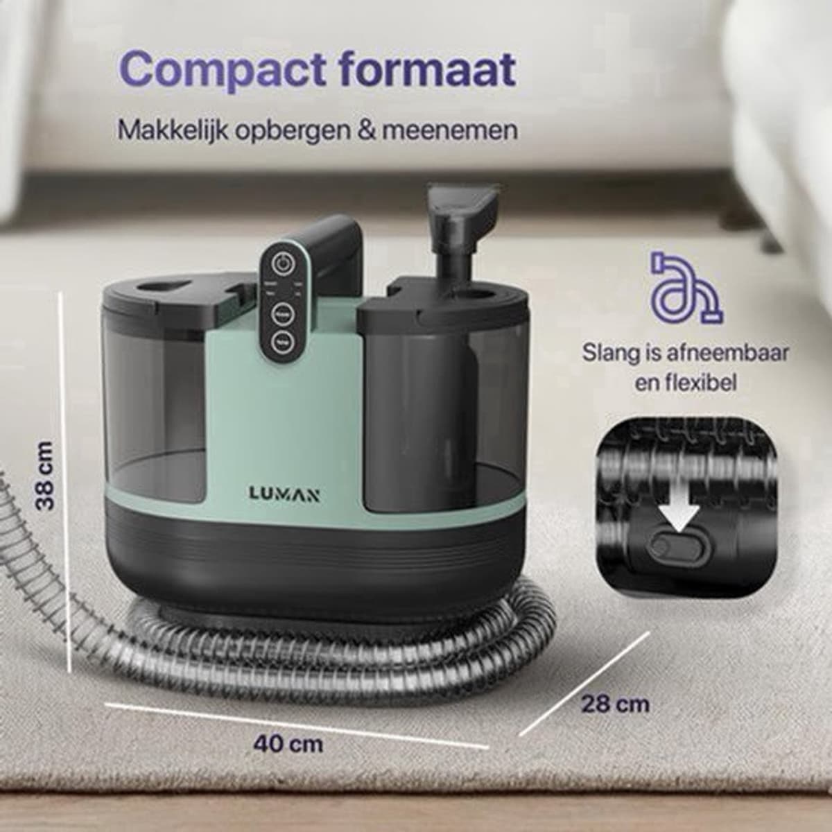 Tapijtreiniger – Vlekkenreiniger – Zetelreiniger – Bankreiniger – Autoreiniger – Verwarmingsfunctie tot 60°C – Dubbel Tanksysteem voor Hygiënisch Reiniging — afbeelding 1
