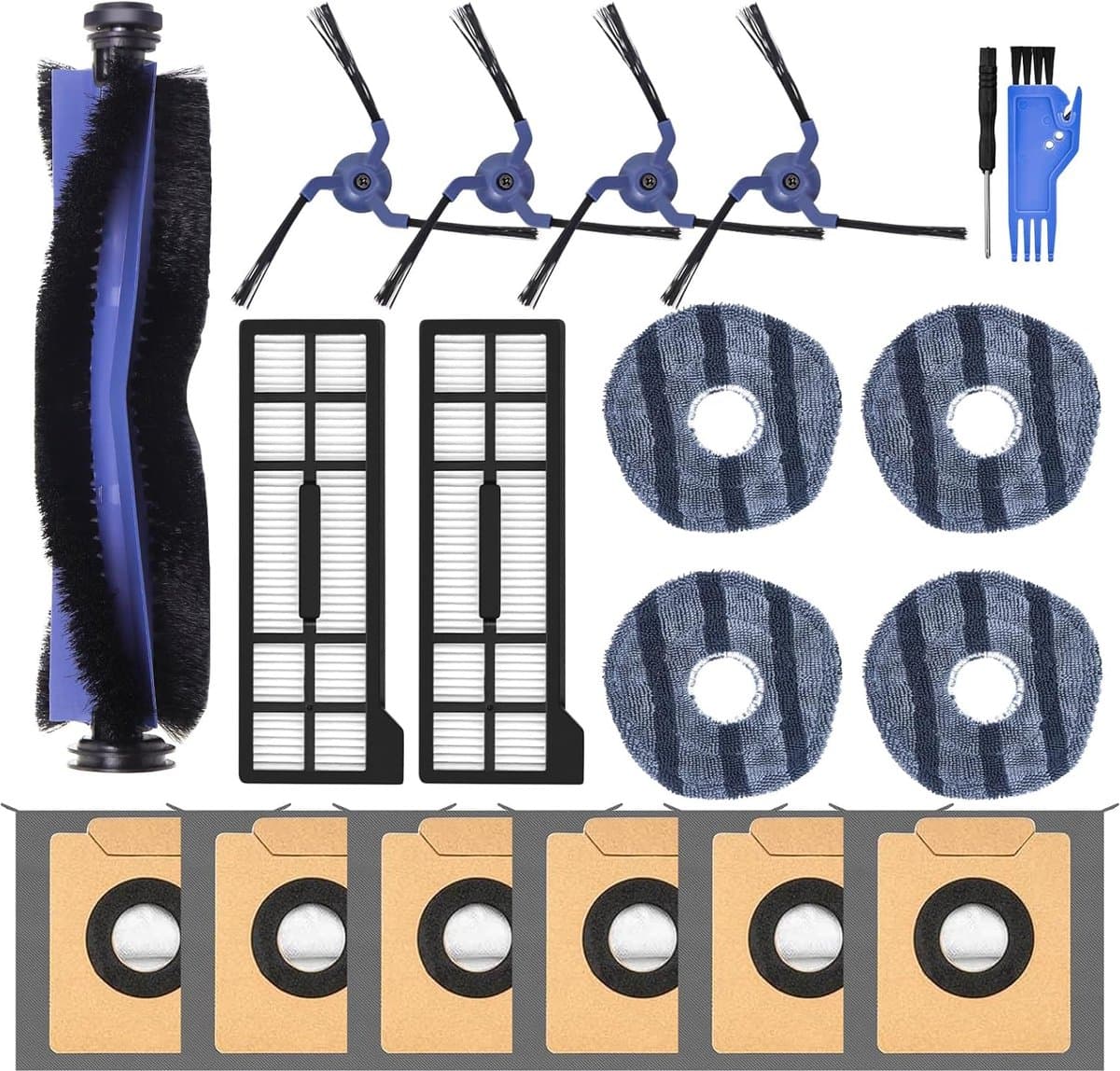 19-delige vervangingsset voor Eufy X10 Pro Omni robotstofzuiger, hoofdborstel, 4 dweilpads, 4 zijborstels, 2 HEPA-filters, 6 stofzakken, reinigingstool — afbeelding 1
