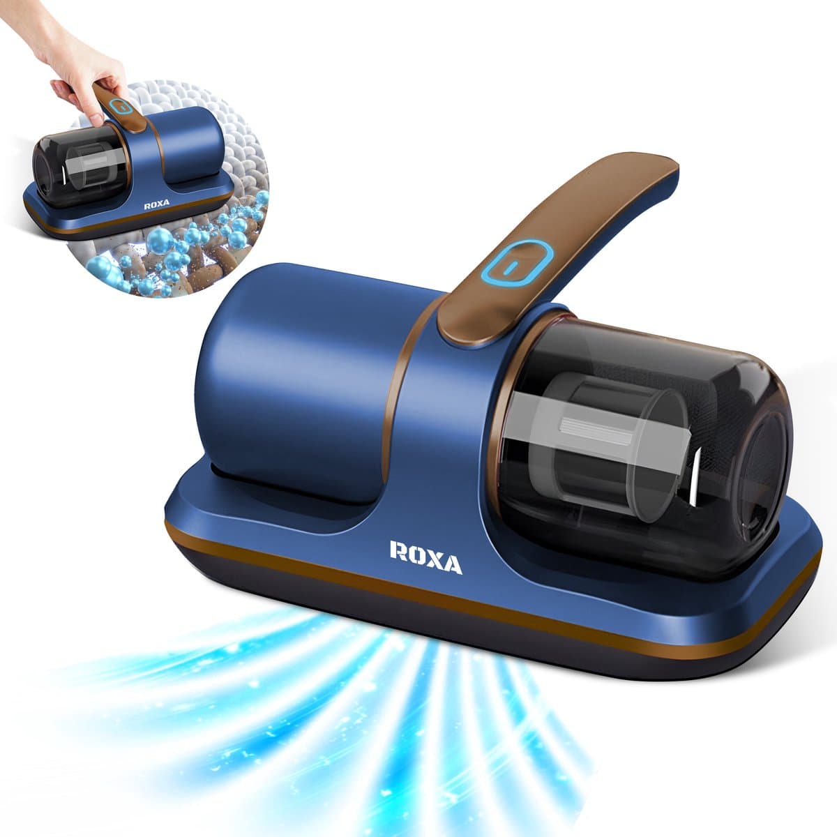 Roxa Huisstofmijt Stofzuiger - UV Lamp Sterilisator - Matras, Tapijt, Meubel, Zetel & Bank Reiniger Apparaat - Kruimeldief snoerloos best verkocht - Bacterie, Mijt & Schimmel Bestrijder - Zonder Zak - USB Opladen - Blauw - 2025 — afbeelding 1