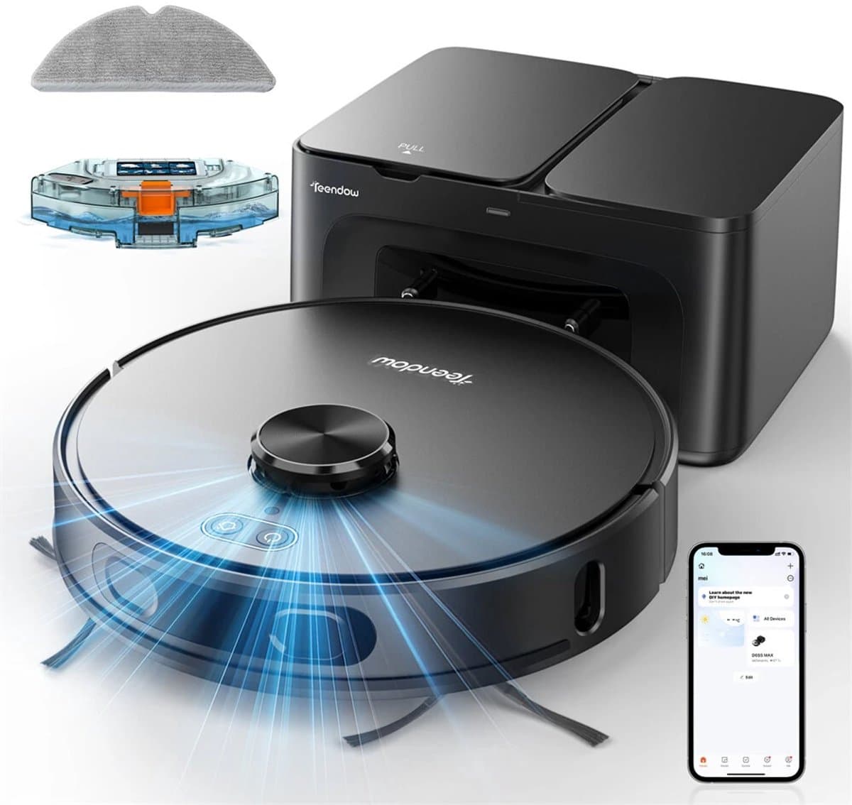 Teendow D65S MAX 3-in-1 Robotstofzuiger en -mop met LiDAR-navigatie, slimme kaartvorming en maximale sterke 6000Pa zuigkracht, zelfledigende bases voor 70 dagen, WiFi/App/Alexa spraakbediening, obstakelvermijding - EU-stekker — afbeelding 1