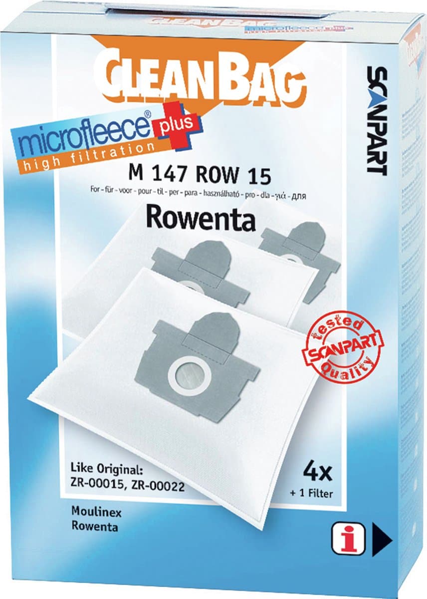 CleanBag stofzuigerzakken 4 stuks - Geschikt voor Moulinex Manea Rowenta Artec 2 Compact Power Silence Force Compact Spaceo - ZR00015 ZR00022 - Inclusief 1 filter - Alternatief — afbeelding 1