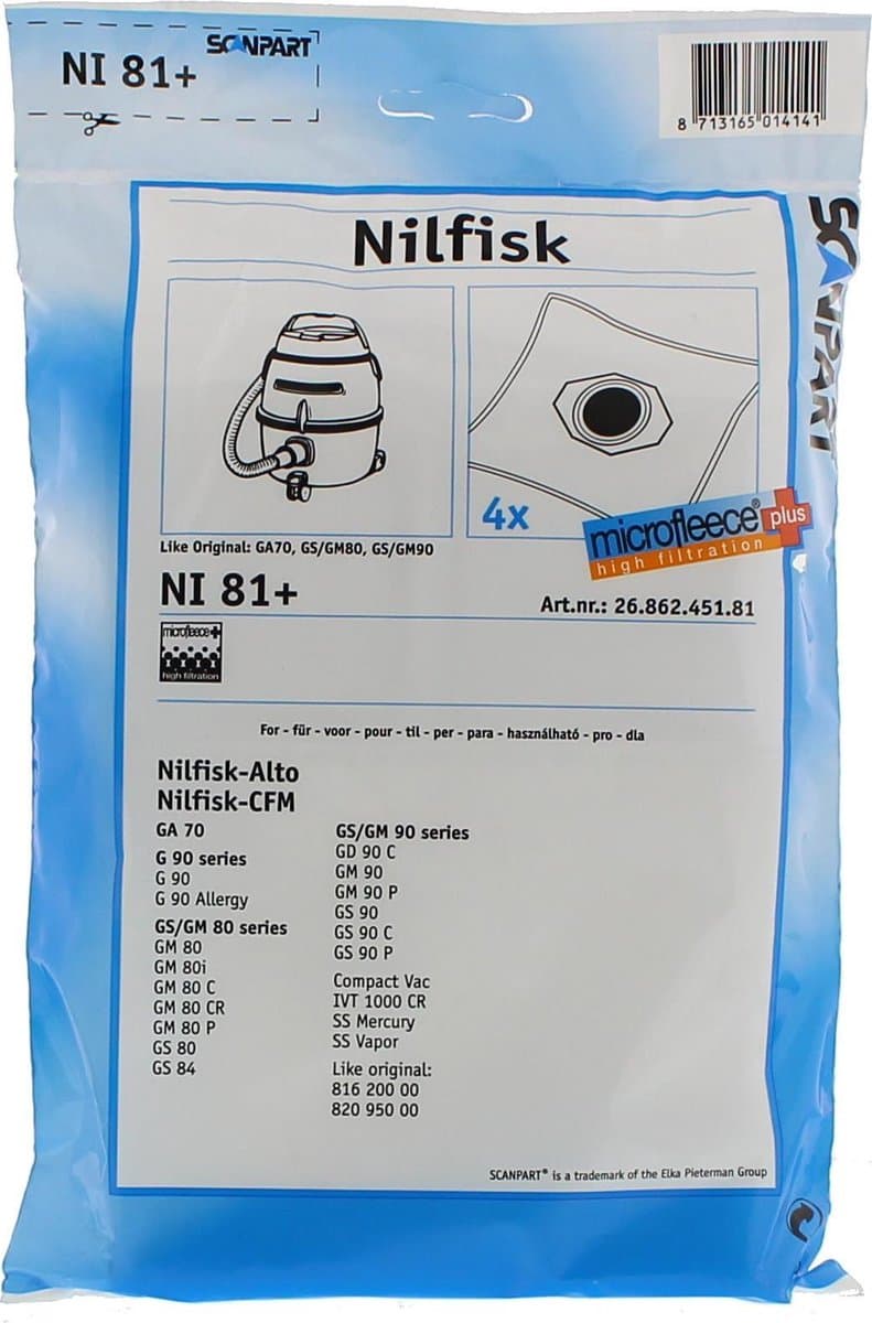 Scanpart stofzuigerzakken 4 stuks - Geschikt voor Nilfisk GA70 GM80 GM90 GS80 GS90 - Inclusief 1 filter - Alternatief — afbeelding 1