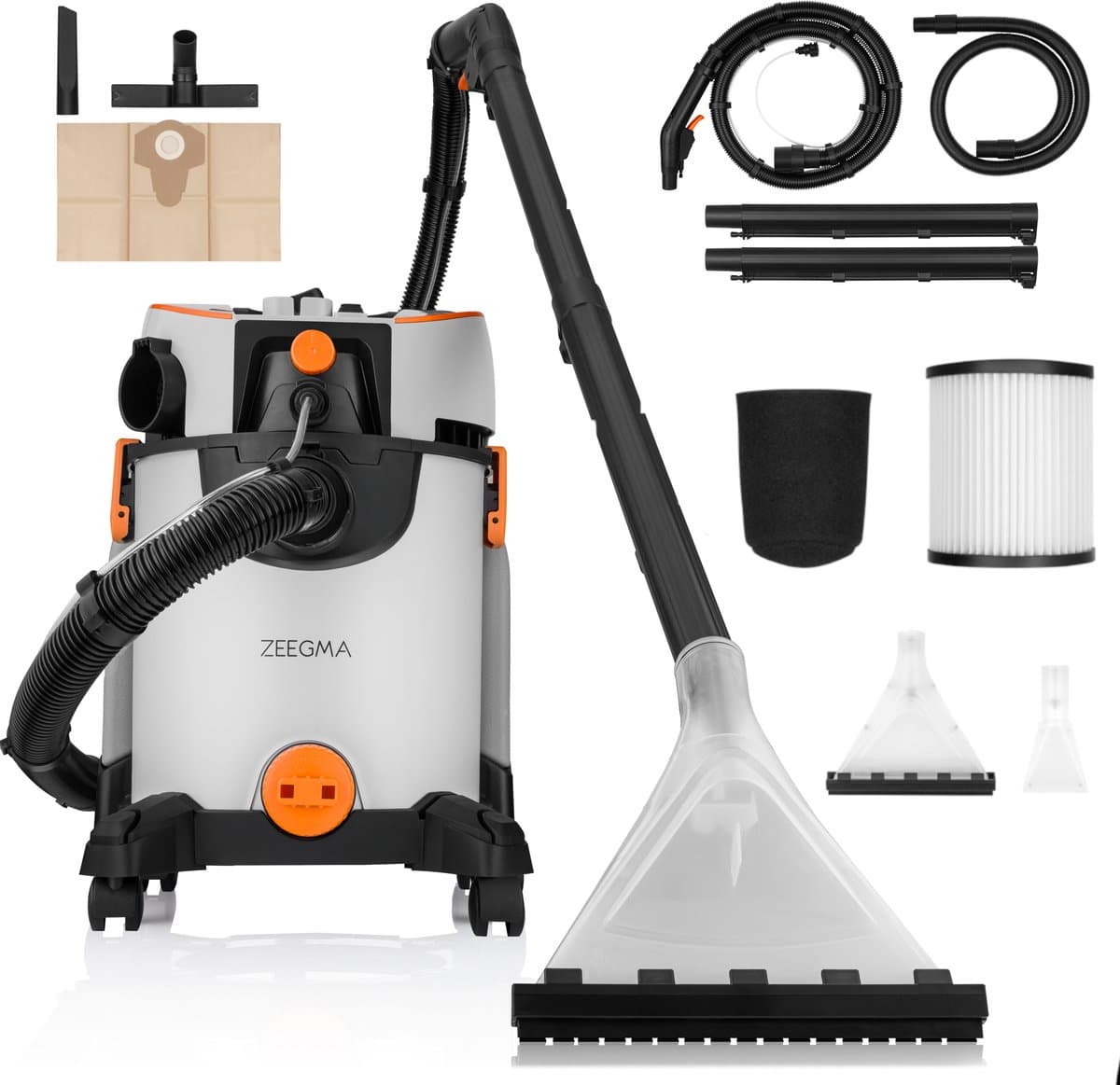 Zeegma Zonder Wash – Nat- & Droogzuiger – Tapijtreiniger – 1400W – 4L Waterreservoir – Blaasfunctie – HEPA-filter – Vermogensregeling – Extractietechnologie – 13m Bereik – Bekleding & Tapijt – Waterafvoer – Accessoireset – Zwenkwielen — afbeelding 1
