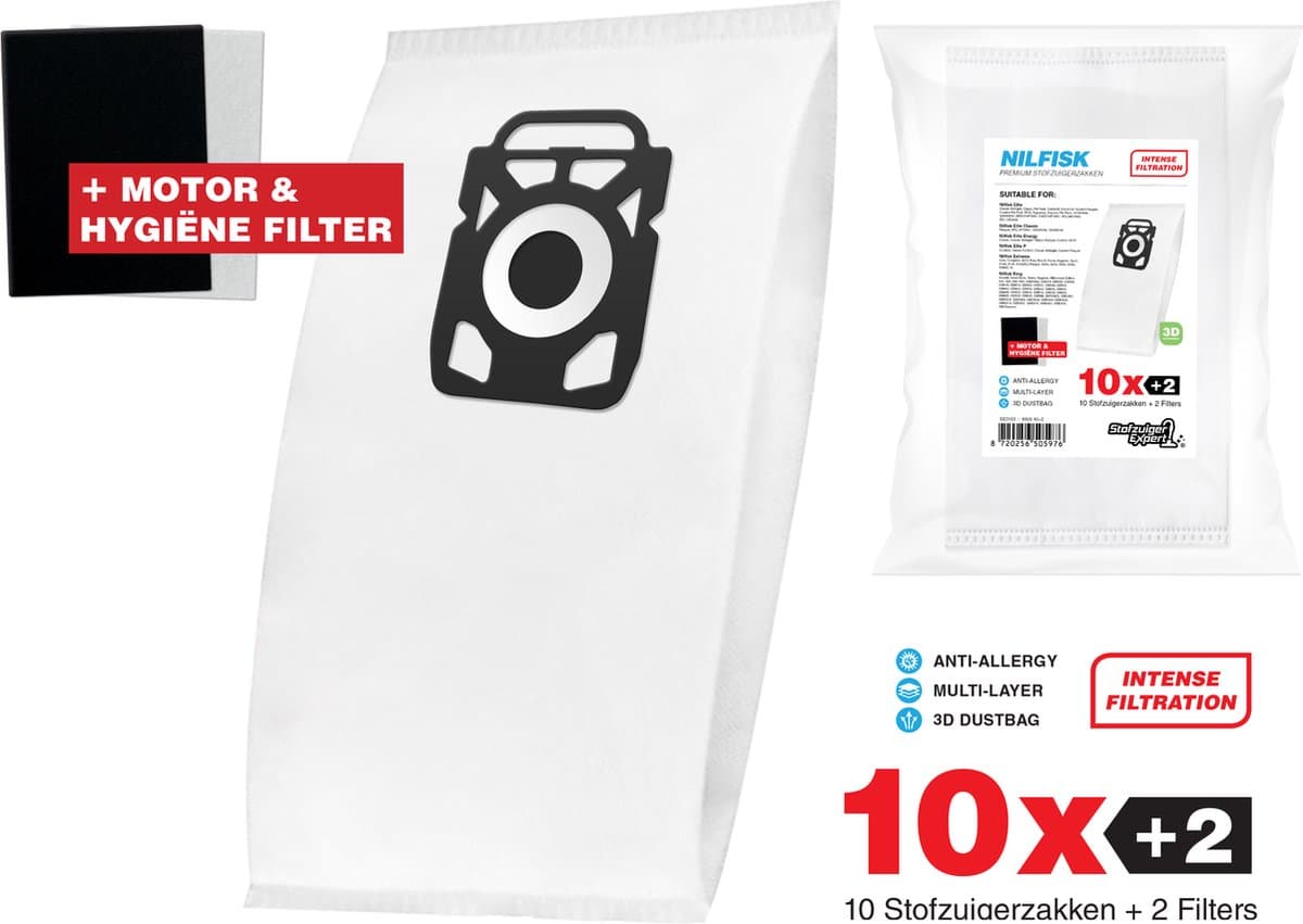 10x Nilfisk Stofzuigerzakken King / Extreme - 3D stofzakken + Filter set - Hygiëne en Motor filter meegeleverd! Premium kwaliteit - Multi lagen - Anti Allergie -Geschikt voor o.a. King, Extreme, Power en Elite Series — afbeelding 1