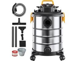 Nat-/droogzuiger voor werkplaatsen, 30 l, 6 pk, roestvrij staal, krachtige zuig- en blaasfunctie, draagbaar met opzetstukken, ideaal voor tapijten en vuil, zilver + zwart