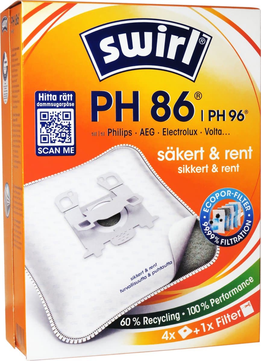 Swirl PH86 PH96 stofzuigerzakken - 4 stuks + 1 filter - Geschikt voor Philips AEG Electrolux S-Bag - nr. FC8021/03 - FC8021/05 - GR201S - GR201SM — afbeelding 1
