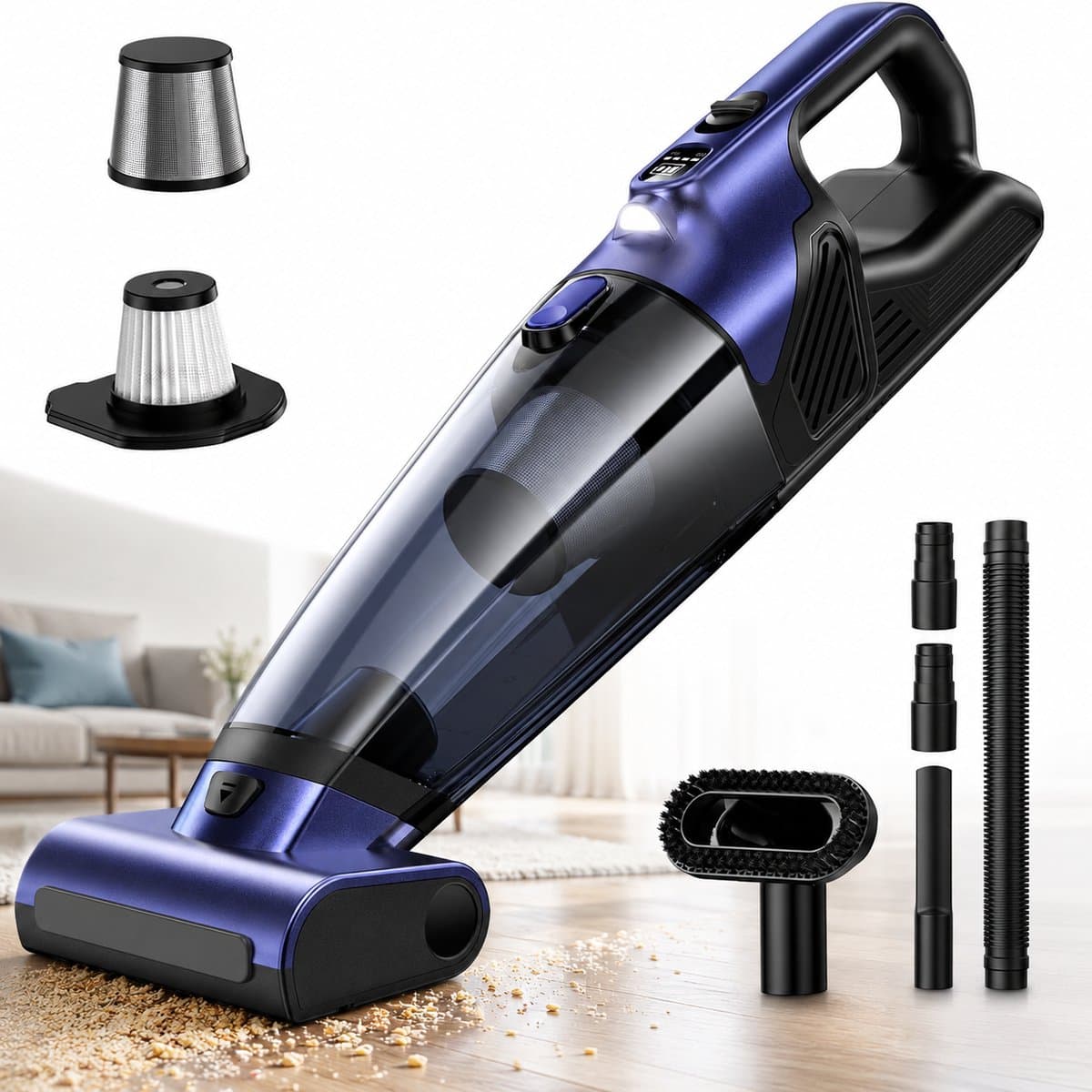 Rosnek Kruimeldief Snoerloos - Handstofzuiger 2 Snelheden met Gemotoriseerde Borstel voor Dierenharen - 10000PA Autostofzuiger - 37 Min Accu, LED & Metalen Filter - 720ml Groot stofreservoir - Zwart — afbeelding 1