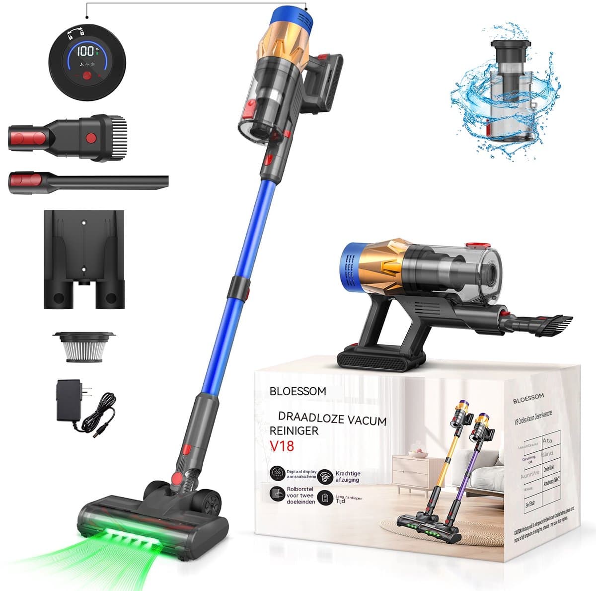 Steelstofzuiger Draadloos-Accu Stofzuiger-50 kPa Zuigkracht-60 Min Gebruiksduur-LED Display-HEPA Filter-Anti-Klit Borstel-Voor Tapijt Dierenharen Auto-1,5 L-blauw — afbeelding 1