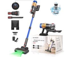 Steelstofzuiger Draadloos-Accu Stofzuiger-50 kPa Zuigkracht-60 Min Gebruiksduur-LED Display-HEPA Filter-Anti-Klit Borstel-Voor Tapijt Dierenharen Auto-1,5 L-blauw