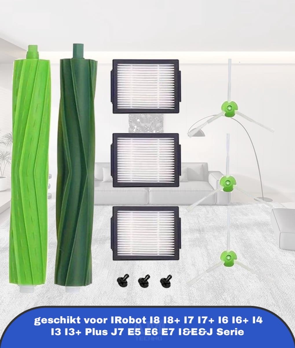 1 Set Van Vervangende Onderdelen geschikt voor IRobot I8 I8+ I7 I7+ I6 I6+ I4 I3 I3+ Plus J7 E5 E6 E7 I&E&J Serie Stofzuiger, Inclusief Multi-Surface Rubber Borstels, HEPA Filters En Edge-Sweeping Borstels — afbeelding 1