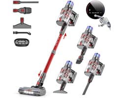 Draadloze Steelstofzuiger - Krachtige Stofzuiger - Huis Reinigen - 600W Motor 58KPa - 80 Min Werktijd - Rood