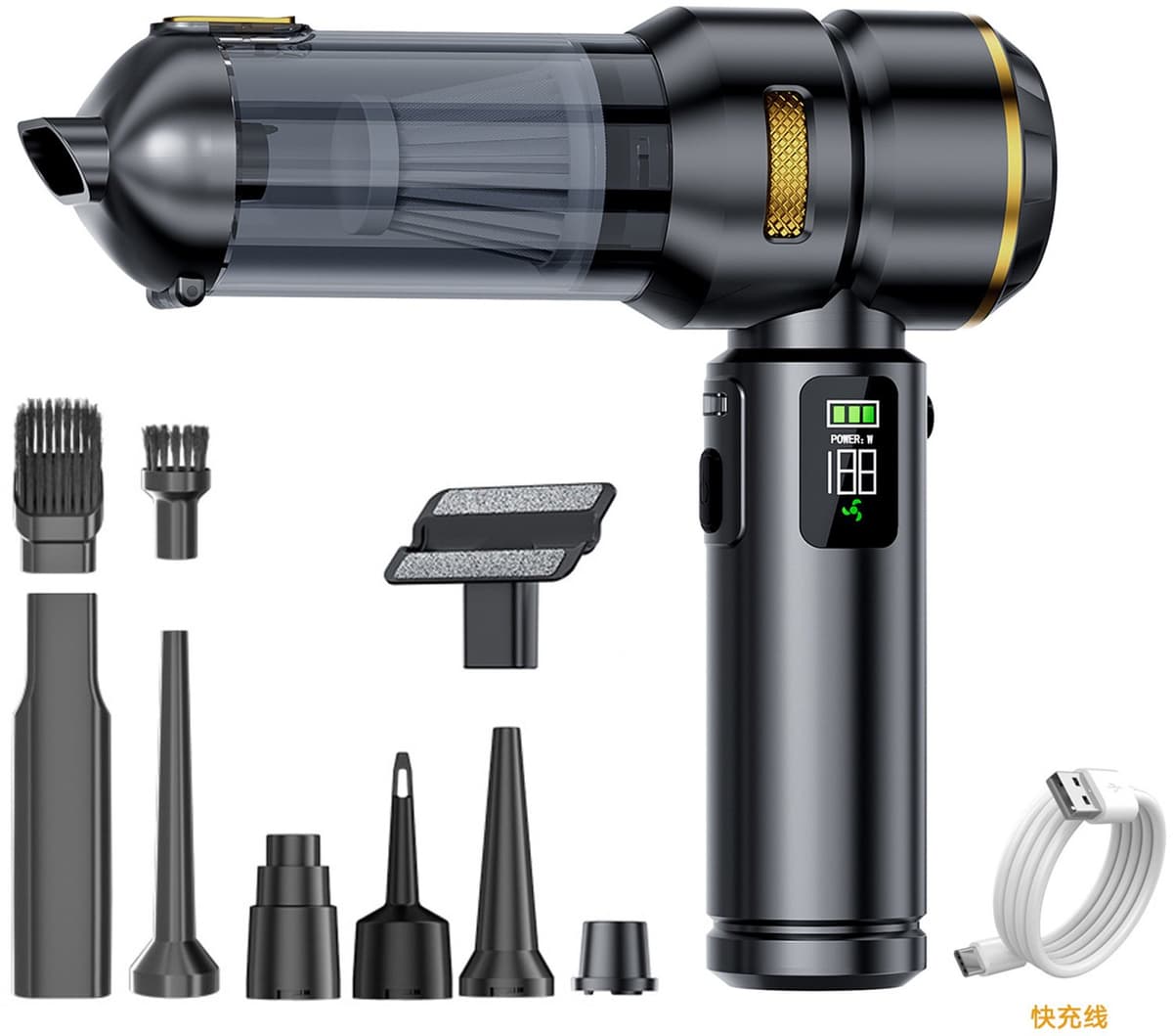 4‑in‑1 draadloze accu‑handstofzuiger, 32000PA sterke autostofzuiger met lcd‑scherm, borstelloze motor, 3 versnellingen, 300000 omw/min, mini stofzuiger voor auto en kantoor(Zwart en goud) — afbeelding 1