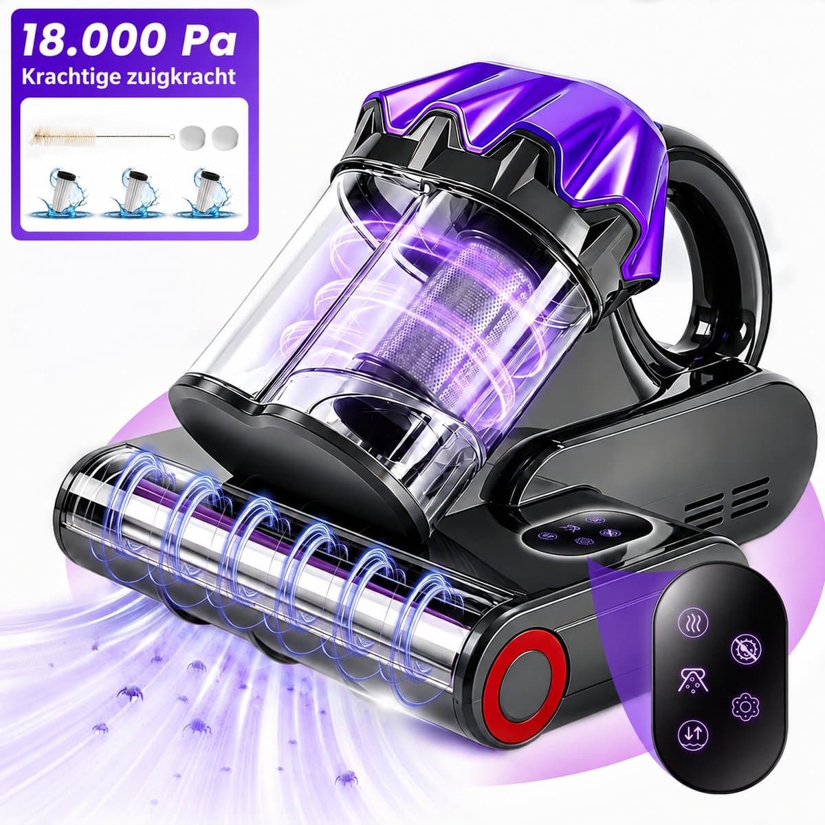 Grenintol Huisstofmijt Stofzuiger – Mijtverwijderaar met UV-C– 18.000 Pa, 550 W – HEPA-filter – Handheld Matrasreiniger – Bacterie, Mijt & Schimmel Bestrijder voor Matras en Meubel – 5 m Snoer – Paars — afbeelding 1